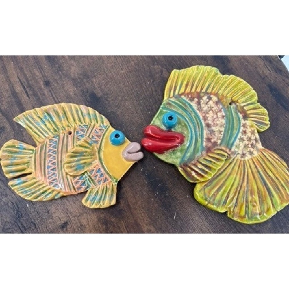 Vintage WATCH Hand Crafted Ceramic Fish Wall Art Set Whimsical Coastal Decor